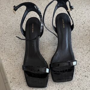 Anine Bing Black Croc-Embossed Square-Toe Ankle-Strap Heels